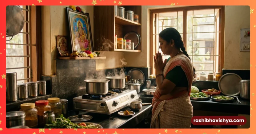 ಅಡುಗೆ ಮನೆಯಲ್ಲಿ ಅನ್ನಪೂರ್ಣೇಶ್ವರಿ ಸ್ತೋತ್ರ ಪಠಿಸುತ್ತಾ ಅಡುಗೆ ಮಾಡುತ್ತಿರುವ ಗೃಹಿಣಿ.