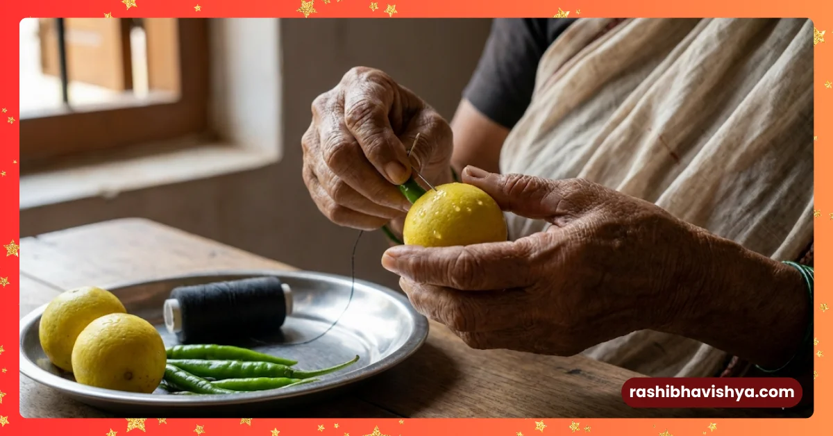 ದೃಷ್ಟಿ ನಿವಾರಣೆಗಾಗಿ ಮತ್ತು ಕೀಟಗಳನ್ನು ಓಡಿಸಲು ನಿಂಬೆಹಣ್ಣು ಮೆಣಸಿನಕಾಯಿ ಪೋಣಿಸುತ್ತಿರುವ ಹಿರಿಯ ಮಹಿಳೆ.