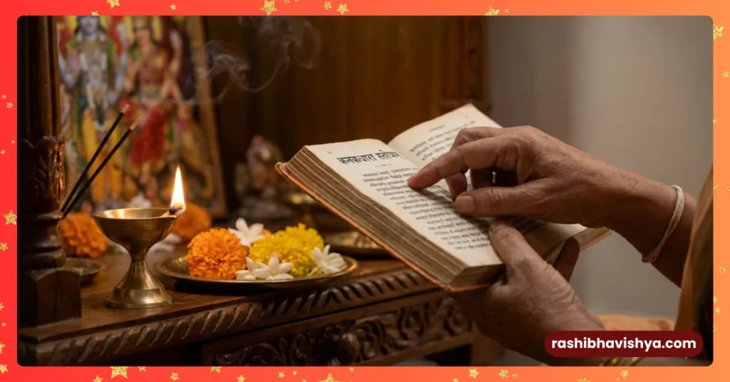 ಪೂಜಾ ಕೋಣೆಯಲ್ಲಿ ಕನಕಧಾರಾ ಸ್ತೋತ್ರ ಪಠಣೆ ಮಾಡುತ್ತಿರುವುದು.