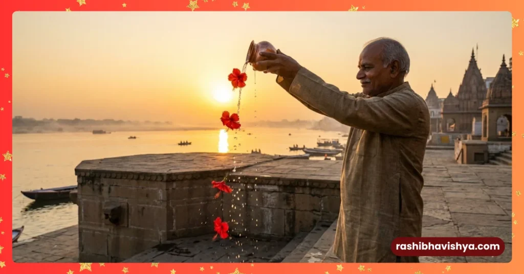 ಸೂರ್ಯ ದೇವರಿಗೆ ಅರ್ಘ್ಯ ನೀಡುತ್ತಾ ಆದಿತ್ಯ ಹೃದಯ ಪಠಿಸುತ್ತಿರುವ ದೃಶ್ಯ.